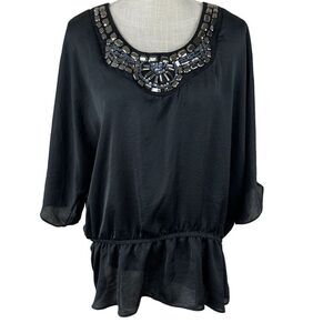 Elementz Blouse Womens 3X Black Embellished Neckline Cold Shoulder Peplum‎ Chic